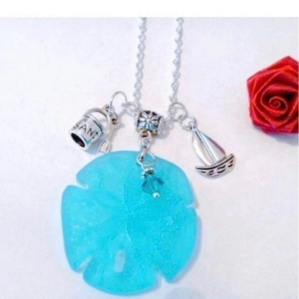 Turquoise Blue Sea Glass Sand Dollar Pendant Necklace with Silver Charms